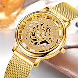 SOXY Luxury Skeleton Men Watch Women Wrist Watches Fashion Montre Homme 2018 Gold Wrist Watch Men Steel Mesh Men's Watch