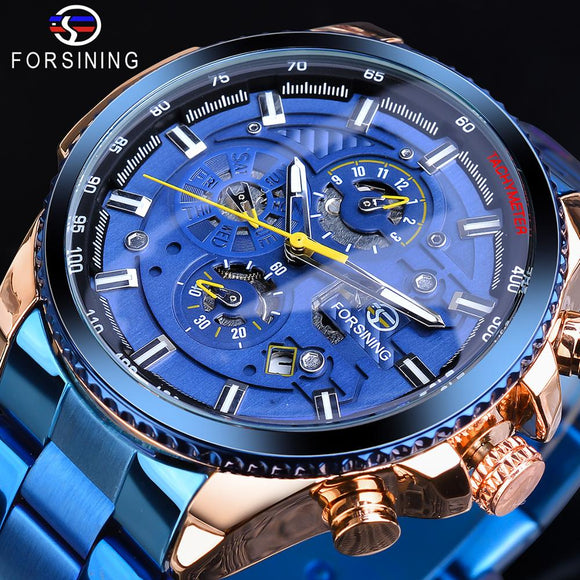 Forsining Rose Golden Case BlueSteel 3 Dial Multifunction Mens Business Sport Automatic Mechanical Wrist Watch Top Brand Luxury