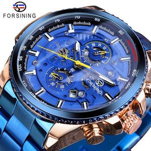 Forsining Rose Golden Case BlueSteel 3 Dial Multifunction Mens Business Sport Automatic Mechanical Wrist Watch Top Brand Luxury