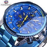 Forsining Rose Golden Case BlueSteel 3 Dial Multifunction Mens Business Sport Automatic Mechanical Wrist Watch Top Brand Luxury