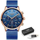 Relogio Masculino LIGE Luxury Quartz Watch for Men Blue Dial Watches Sports Watches Moon Phase Chronograph Mesh Belt Wrist Watch